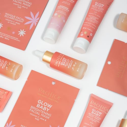 Pacifica Beauty Glow Baby Brightening Facial Mask, Skincare, Vitamin C, Aloe, Kelp, Fine Lines, Wrinkles, Dark Spots, Dry Skin, Cooling Mask, Face Mask, Face Care, For All Skin Types, Vegan (4 Sheets)