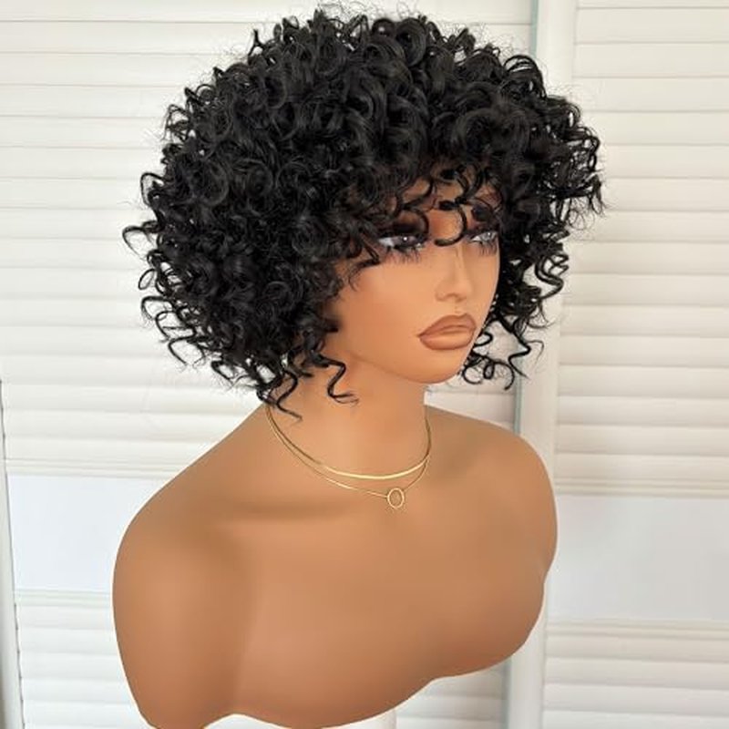 Short Kinky Curly Wig 8 Inch Bob Wigs for Black Women Natural Black Short Loose Curly Wig with Bangs Synthetic Big Bouncy Curls Full Hair Wig Heat Resistant Fiber