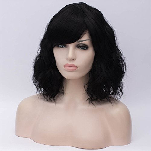 BUFASHION 14" Women Short Wavy Curly Wig Pink Bob Wig Cosplay Halloween Synthetic Wigs With Neat Bang Wig With Free Wig Cap (Pink 1)