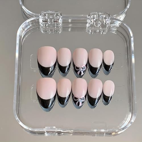 GlimightyX Handmade Black French Tip Press on Nails Short Almond, Reusable Thick Gel UV Cured False Nails, Waterproof Durable Stick On Nails Kit with Glue,S Size 10 Nails