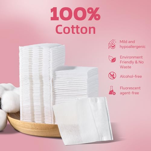 ICOTLE 475 Pcs Square Makeup Cotton Pads, 100% Cotton Soft Lint Free for Removing Makeup, Double-Side Save Water, 75 Thick + 400 Ultra-Thin for Daily Skin Care