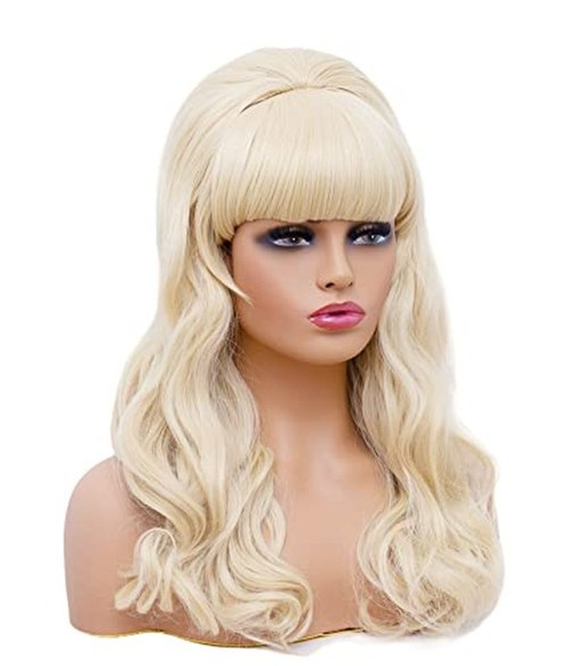 Gerulyss Retro Black Wig for 50S 60S 70S Beehive Long Wavy Wig for Women with Bangs Big Bouffant Costume Wig for Halloween,Party,Daily Use