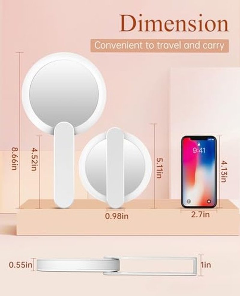 FASCINATE Handheld Mirror with Lights, Perfect for Travel, Compact, Pocket, Purse, Folding