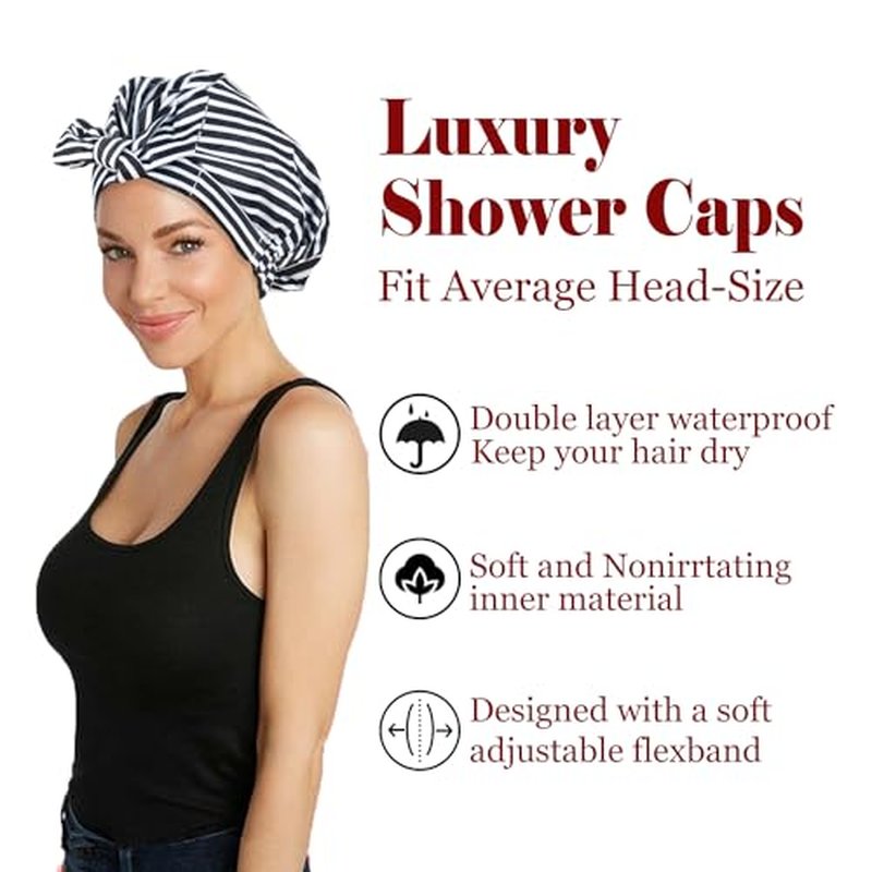 Luvruitaky Shower Cap Luxury Shower Caps for Women Reusable Waterproof Hair Cap for Shower with Adjustable Bowknot Hair Bath Cap (Black Stripe)