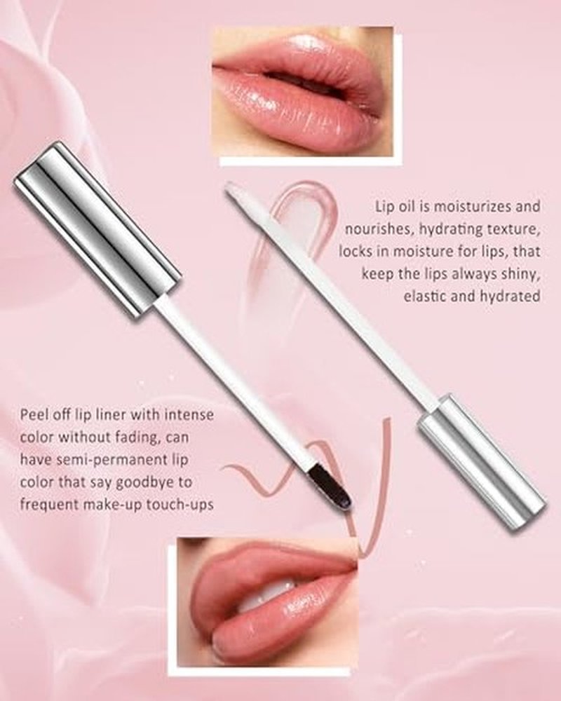 Peel Off Lip Liner Stain, Long Lasting Stay Waterproof Lip Tint Stain Peel Off, Brown Lip Liner Tattoo and Clear Glitter Lip Gloss Combo, Non-Stick Cup Nourishing Shimmer Lip Oil Lipstick Makeup-Set 3