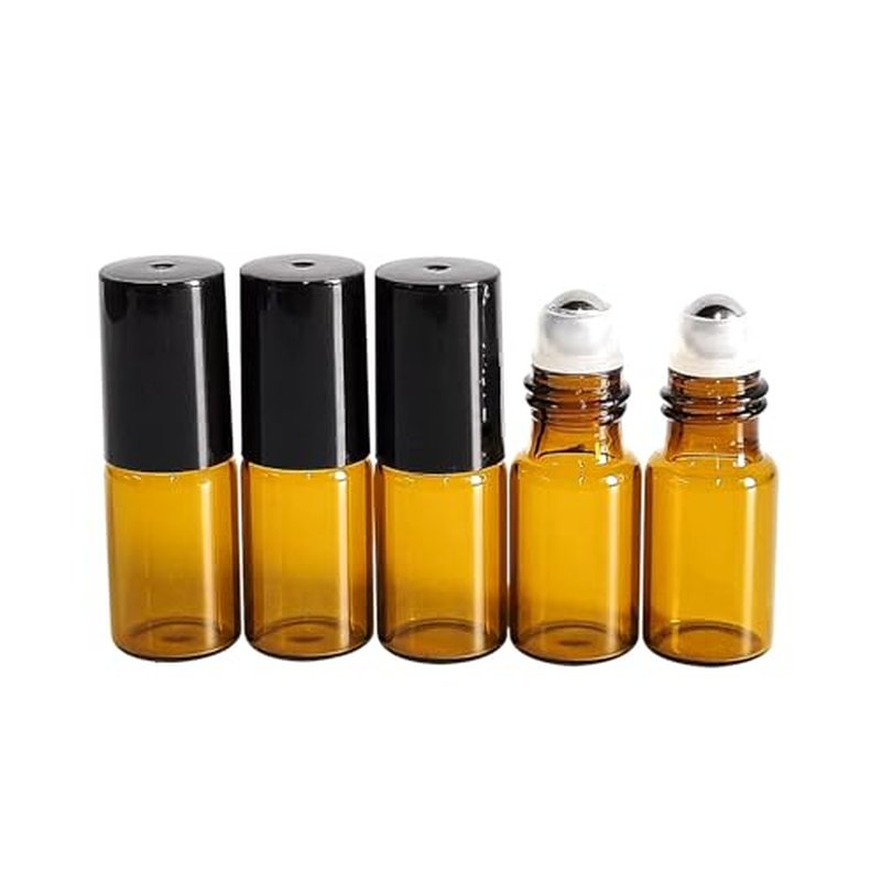 PYAWI 50 PCS 3ml Amber Glass Roller Bottle,Essential Oil Sample Vials with Stainless Steel Roller Ball,Black Caps,for Travel Perfume Cosmetics Small Container(2 Funnels, 2 Dropper, 1 Opener) (3ml)