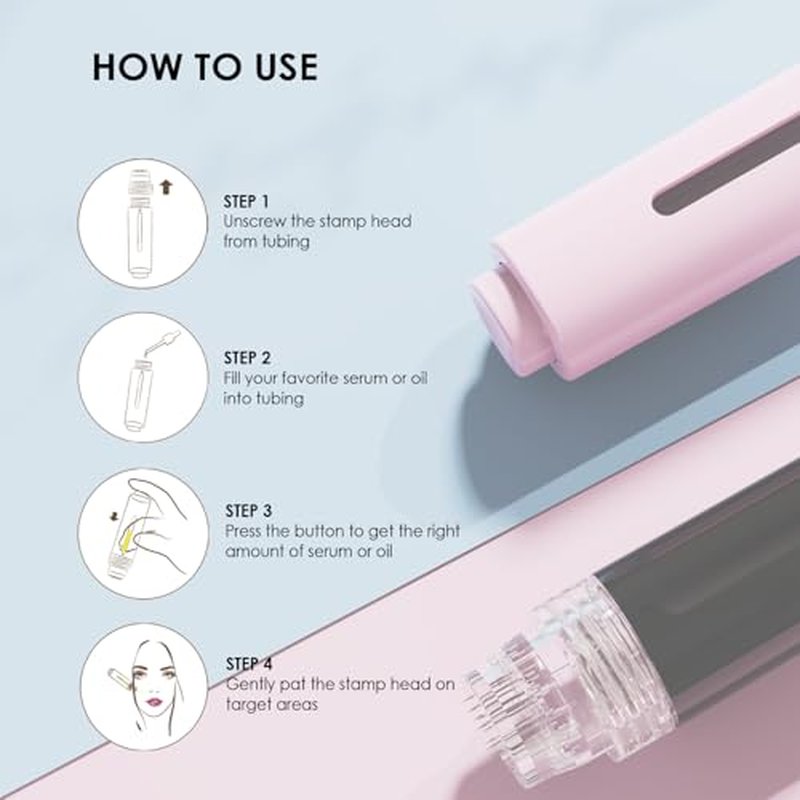 Titanium Derma Stamp Microneedle for Skin Care Face Lips Hair Scalp Derma Roller Alternative Beauty Tool Microneedling Serum Applicator Derma Stamp Pen (Pink)