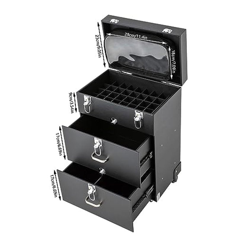 PalaUha Rolling Makeup Train Case Professional Cosmetic Organizer Trolley with Drawers Compartment Nail Case Wheeled Manicure Pedicure Storage Case for Hair Stylists Makeup Artists (Black & Silver B)