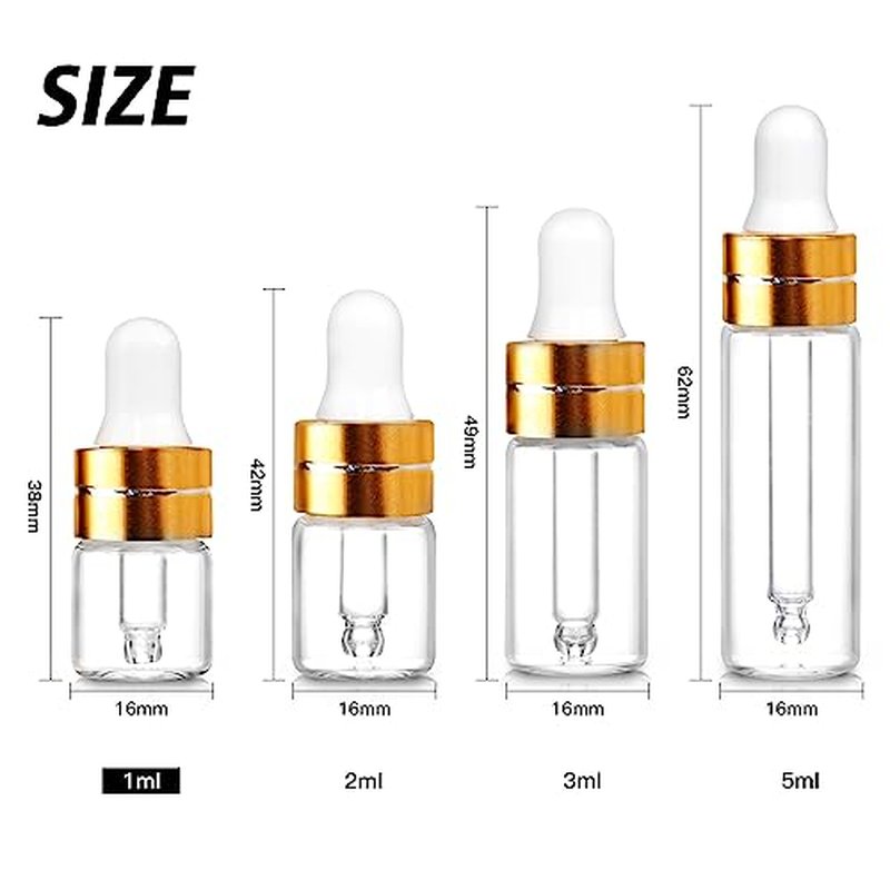 Comrzor 50 Pack 1ml Clear Glass Dropper Bottles with 2 Pcs Plastic Droppers, Mini Sample Dropper Bottles for Essential Oils Perfume Cosmetic Liquid, Empty Travel Sample Vials with Gold Cap