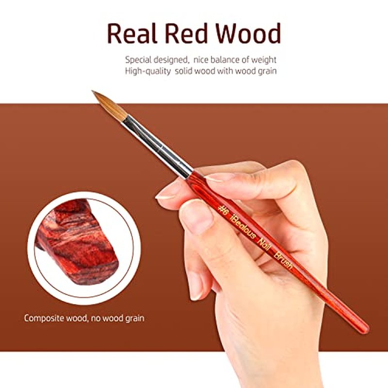 iBealous Kolinsky Acrylic Nail Brush, Professional Red Wood Sable Acrylic Nail Art Brush, Oval Shaped Nail Acrylic Brush for Nail Extension Carved 3D Home Salon Tech Beginner (Size 8)