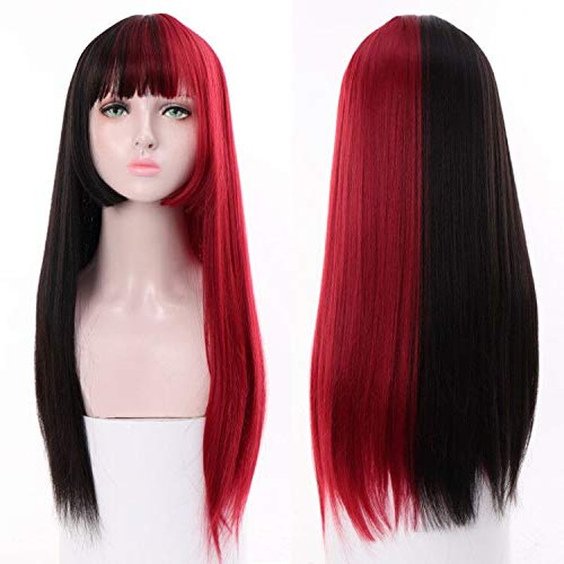Kaneles Half Black and Half Red Cosplay Wig Long Straight Synthetic Heat Resistant Costume Cosplay Wig for Women Hair with Bangs Natural Wigs (Half Black Half Red)