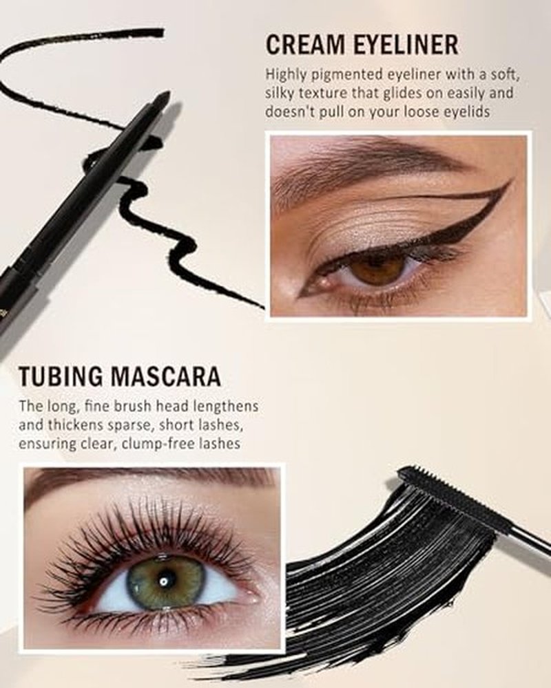 Black Mascara & Eyeliner Set for Older Women 60 Plus, Tubing Mascara Volume and Length, Cream Waterline Eyeliner Gel Pencil, for Thinning Lashes, Sensitive Eyes, Waterproof Smudge Proof Long Lasting