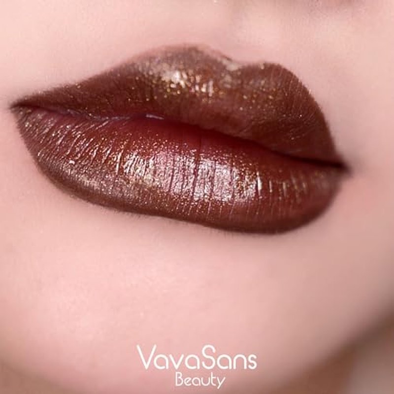 VavaSans Vegan Glitter Lipstick Brownstone Shimmer Metallic Sparkling Dark Brown Shade Long Lasting Waterproof Non-Sticky Formula Diamond Shiny Highly Pigmented Lip Stick for Women