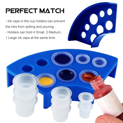 WZPB Tattoo Ink Caps with Cup Holder - 300 Mixed Size Tattoo Ink Cups 100 Small 100 Medium 100 Large with 3 Blue Tattoo Ink Cap Holders Permanent Makeup Container for Tattoo Ink Tattoo Supplies