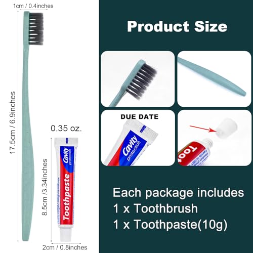 FAOEHN Disposable Toothbrushes with Toothpaste Pack of 30,Straw Green Toothbrush in Bulk with 10g Toothpaste Individually Wrapped Disposable Travel Toothbrushes Kit for Homeless,Airbnb,Hotel,Charity