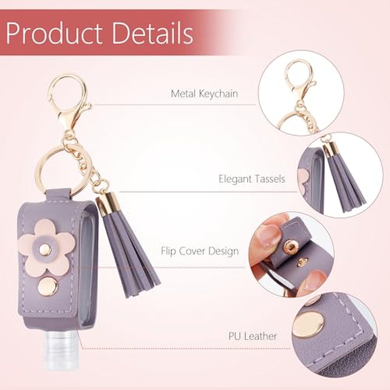 GTILE 4Pcs Hand Sanitizer Keychain, Portable Leather Empty Bottles, 30ml Squeeze Bottle Refillable Containers, Cute Hand Sanitizer for Toiletry Lotion Liquid Soap Shampoo (Pink, Blue, Purple, Yellow)