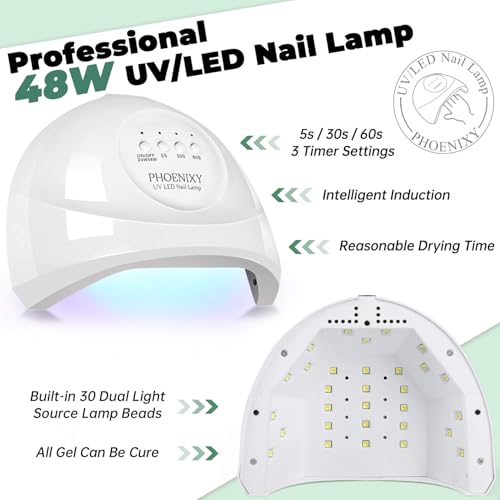 PHOENIXY Gel Nail Polish Kit with U V Light 48W, 44 Pcs 72 Effect Gel Nail Polish Set Base Glitter Top Coat Gel Nail Kit Manicure Tools Gifts for Women
