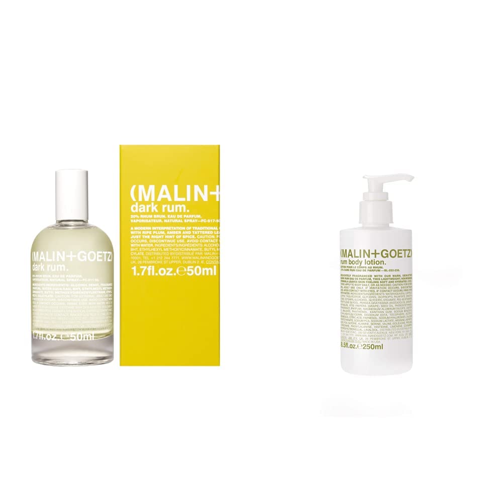 Malin + Goetz Bundle of Dark Rum Eau De Parfum and Rum Hand + Body Wash 8.5 Fl oz – Dark & Spicy Aroma Fragrance Scent and Rum soothing hydrating lotion, Natural ingredients