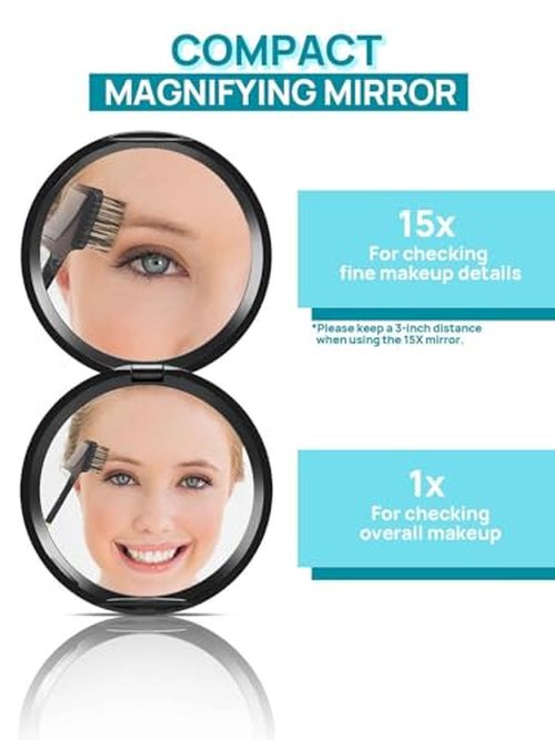 Macaki Compact Mirror for Purses,1X/15X Magnifying Mirror,3-inch Pocket Size Small Mirror for Travel and Makeup,Round Black
