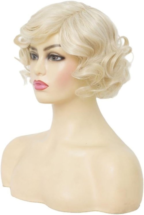 Salaibs Blonde Finger Wave Wig for Women 1920s Short Curly Synthetic Flapper Wig Heat Resistant Vintage Cosplay Costume Hair Wig
