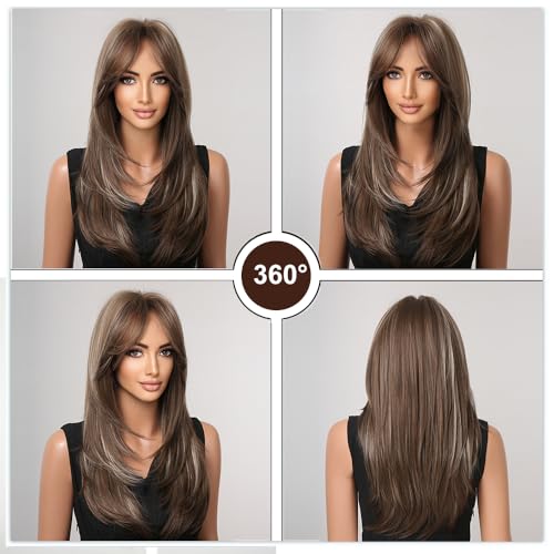 Esmee Long Straight Brown with Blonde Highlight Layered Synthetic Hair Wig with Curtain Bangs for Women for Daily Party Use-20 Inches