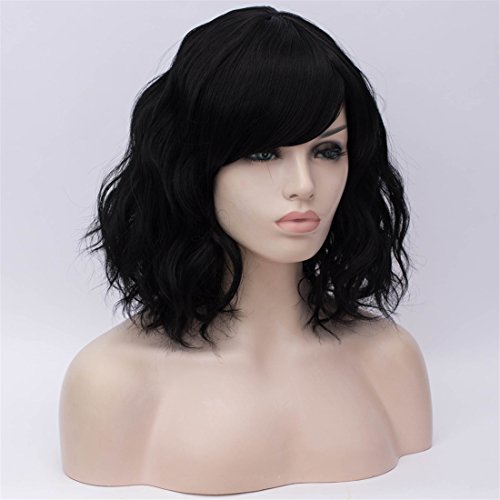 BUFASHION 14" Women Short Wavy Curly Wig Pink Bob Wig Cosplay Halloween Synthetic Wigs With Neat Bang Wig With Free Wig Cap (Pink 1)