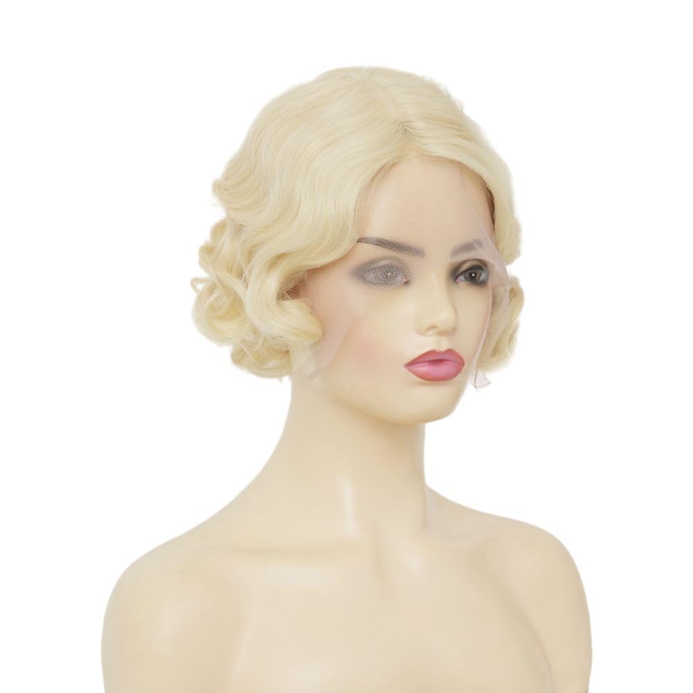 Salaibs Finger Wave Lace Front Wigs for Women Blonde Short Curly 1920s Wig Synthetic Heat Resistant Halloween Cosplay Costume Hair Wig