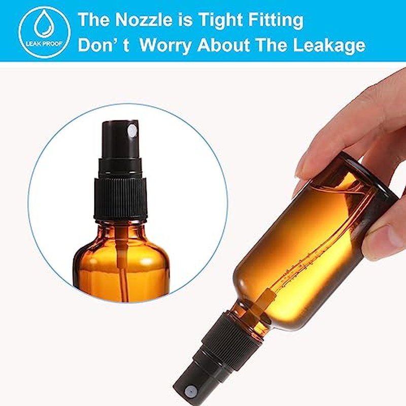 2oz Amber Glass Spray Bottles, 4 Pack Small Spray Bottle Mist Sprayer, Mini Travel Empty Fine Mist Spray Bottles with Funnel Dropper for Essential Oils, Hair, Perfume, Plants