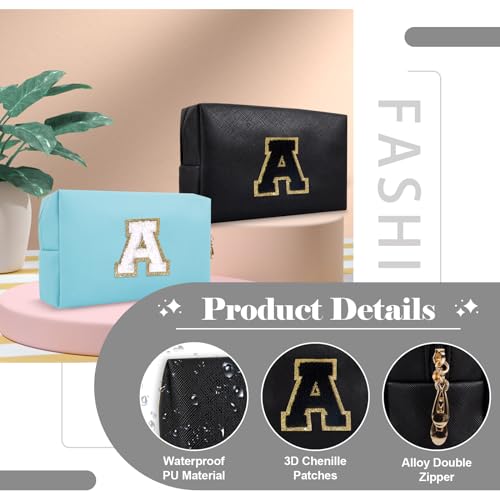 Small Personalized Initial A-Z Preppy Patch Makeup Bag,PU Chenille Letter Travel Cosmetic Pouch with Zipper,Blue Cute Toiletry Bag,Gift Ideal for Teen Girls Women Teacher Bridesmaid,Letter T