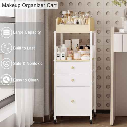 Makeup Organizer Cart with Drawers, Make up Organizers for Vanity, Floor Skincare Organizers- for Cosmetics, Nail Polish, Art Supply, Bathroom Vanity Desktop Organizer (White)