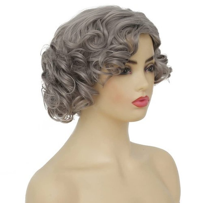 Amnenl Grey Short Curly Wig for Women Finger Wave Wigs Natural Heat Resistant Synthetic Hair for Daily Costume Party Halloween Wig