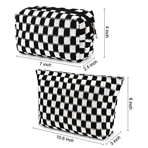 SOIDRAM 2 Pieces Black Makeup Bag Large Checkered Cosmetic Bag Capacity Canvas Mix Travel Toiletry Bag Organizer Cute Makeup Brushes Aesthetic Accessories Storage Bag for Women, Checkered Mix Black