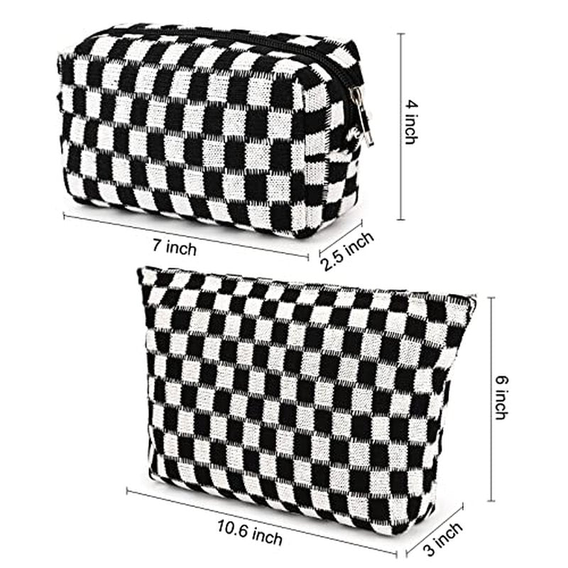 SOIDRAM 2 Pieces Black Makeup Bag Large Checkered Cosmetic Bag Capacity Canvas Mix Travel Toiletry Bag Organizer Cute Makeup Brushes Aesthetic Accessories Storage Bag for Women, Checkered Mix Black