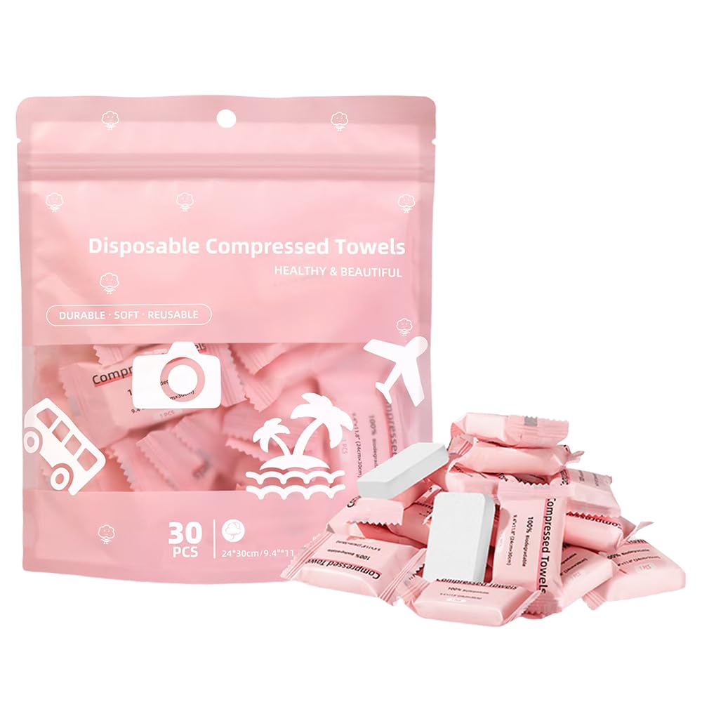 Compressed Towels, Disposable Face Towel, Compressed Towel Tablets, Portable Cotton Coin Tissues, Soft Thick Expandable Towels for Travel, Camping, Home, Outdoor, Gym, Makeup Removal (30, Pink)