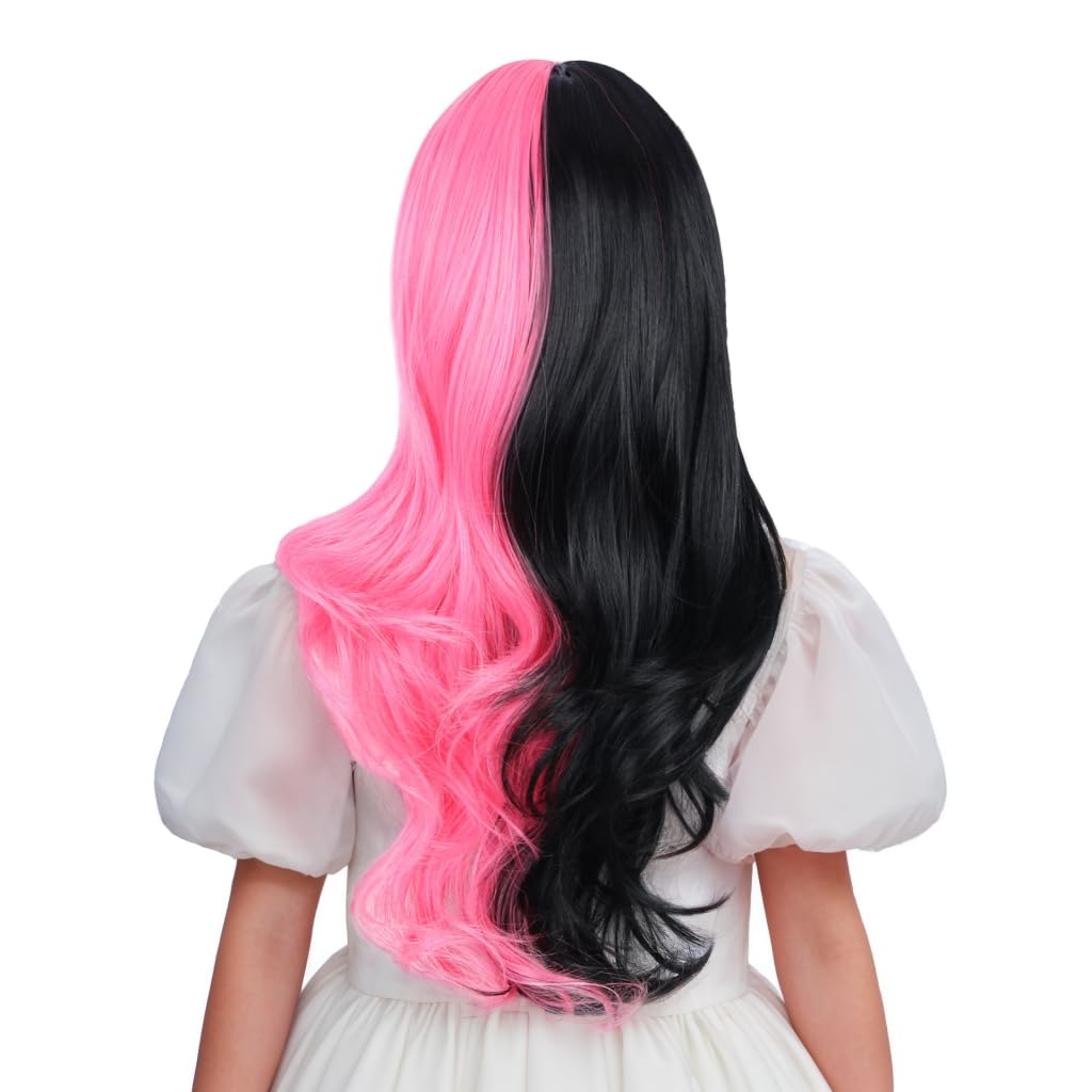 Edivd Kids Half Pink and Half Black Wig Long Pink Mixed Black Wig with Flat Bangs for Girls Long Wavy Curly Black and Pink Wig for Children Heat Resistant Synthetic Wig with Wig Cap