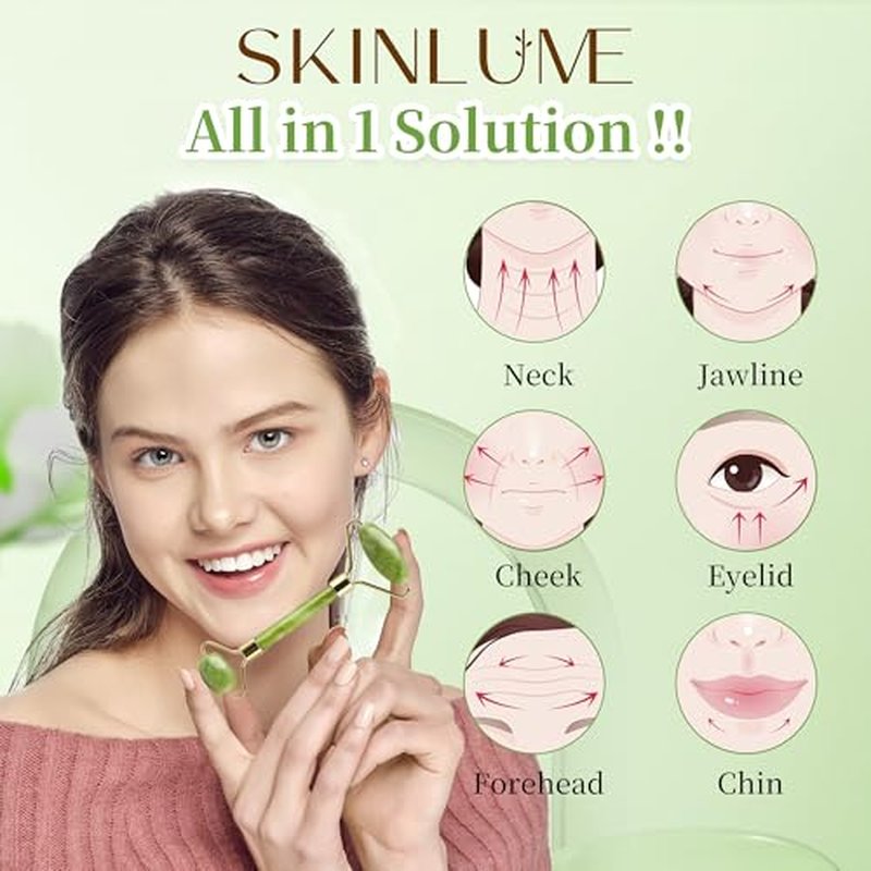 Jade Roller Gua Sha Facial Tool - For Face Neck Eye Jawline, Reduce Puffiness and Tension, Gift Set for Men Woman 100% Natural Jade Stone - SkinLume (Green)