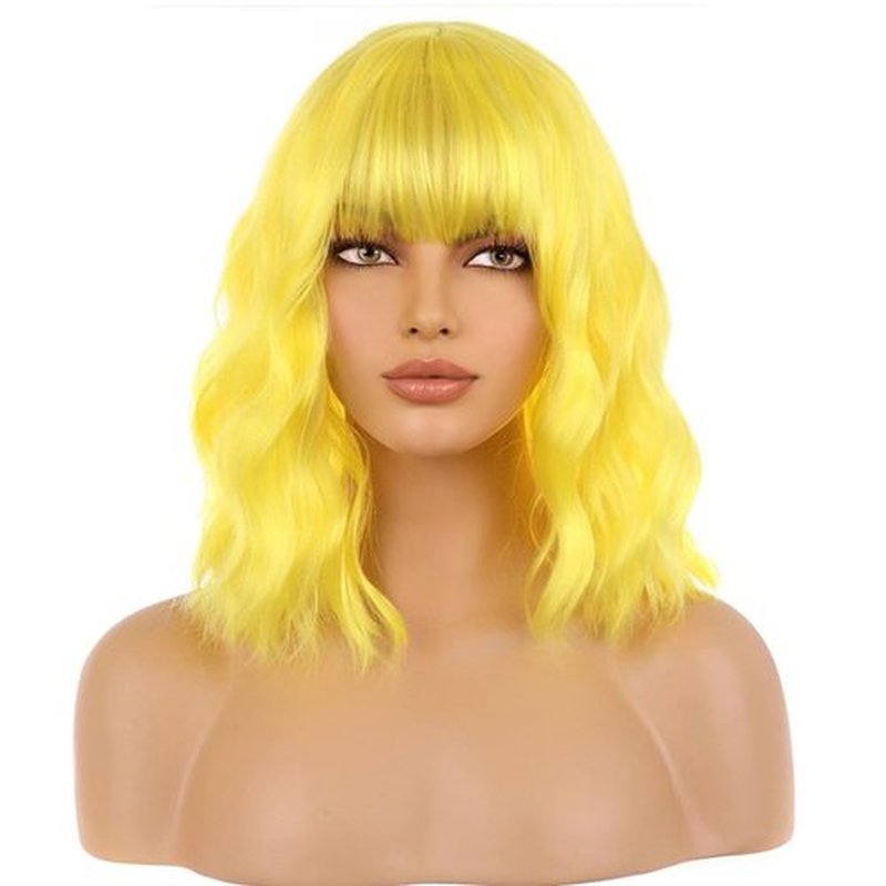 BERON 14 Inches Yellow Wig Wig for Women Girls Yellow Wig Short Curly Synthetic Wig with Bangs Yellow Wigs with Wig Cap
