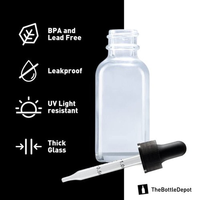 The Bottle Depot - 2 Pack - 1 oz Glass Bottle with Dropper - Clear - 20-400 Neck Finish - Boston Round Bottles - Leakproof Essential Oils Bottles