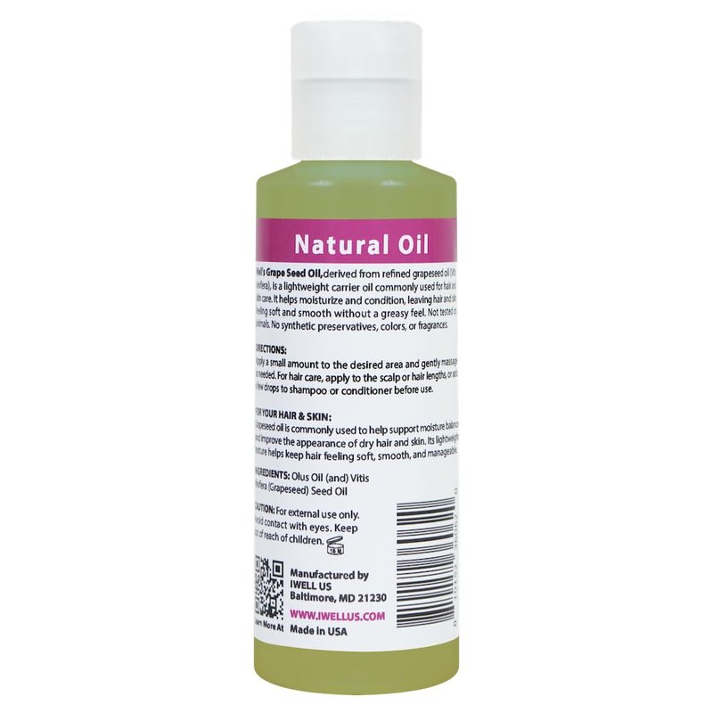 GRAPESEED OIL | 4oz (118ml) | All-Natural | For Hair, Skin & Nails | Moisturizer for Sensitive Skin Types | Refined, Cold Pressed | by Well's Oil