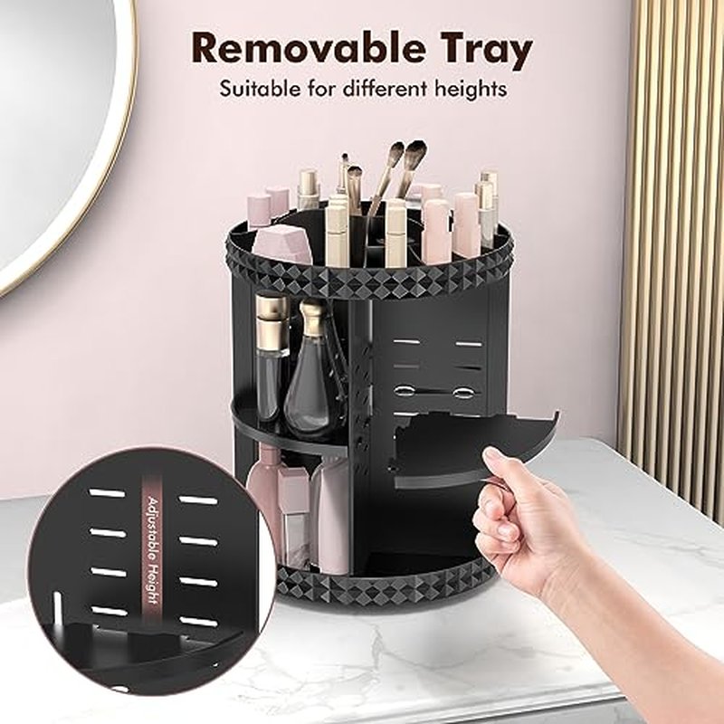 Rosoenvi Rotating Makeup Organizer, 360° Spinning Skincare Organizers, Adjustable Layer Cosmetic Storage Lazy Susan Makeup Organizers for Dresser Bathroom, Medium, Black