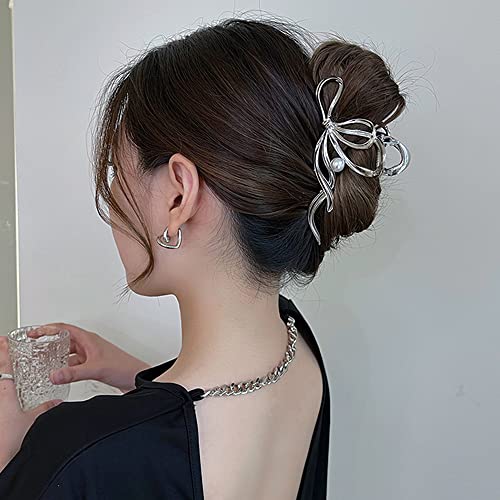 Pearl Metal Hair Clips For Women£¬Silver Hair Clips With Bow tie Style Non-Slip Metal Hair Claw Clips £¬ Easy Pulling Up Your Hair Accessories for Women & Girls