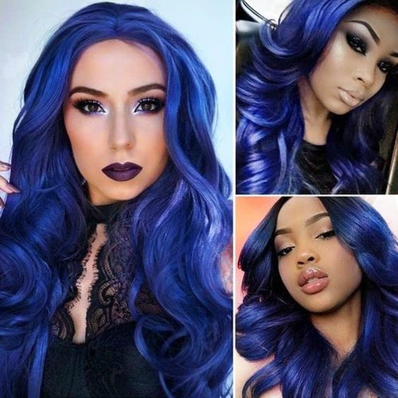 Fancy Hair Long Blue Wavy Wigs for Women Curly Middle Part Blue Wig Natural Looking Synthetic Heat Resistant Fiber Wigs Hair for Daily Party Use (Dark Blue)