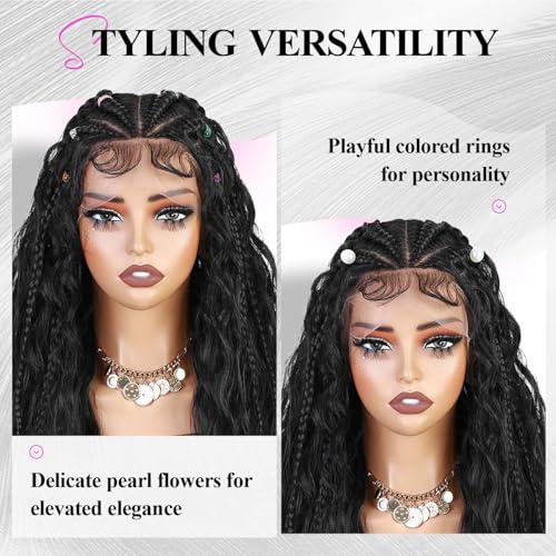 quickwig Braided Curly Wig for Black Women 13x6 Handmade Cornrow Braids Wig Boho Fulani Braid 26 Inch Glueless Black Long Curly Synthetic Wigs 2-in-1 Versatile Style Lace Front Wigs with Baby Hair 1B