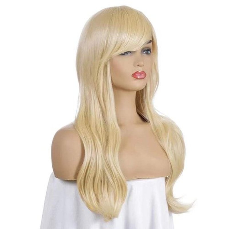 Luhuanx Wigs for Women Girls Long Wavy Heat Resistant Fiber Wigs Side Bangs Cosplay Party, Women's Wigs with Bangs Long Fluffy Curly Wavy (Light Gold)