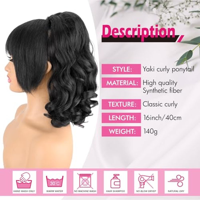 UAmy Hair Long Natural Black Drawstring Ponytail Extension for Women 18inch Loose Curly Ends Yaki Straight Drawstring Ponytail with Bangs Synthetic Kinky Straight Pony Tail Hairpieces for Daily Use