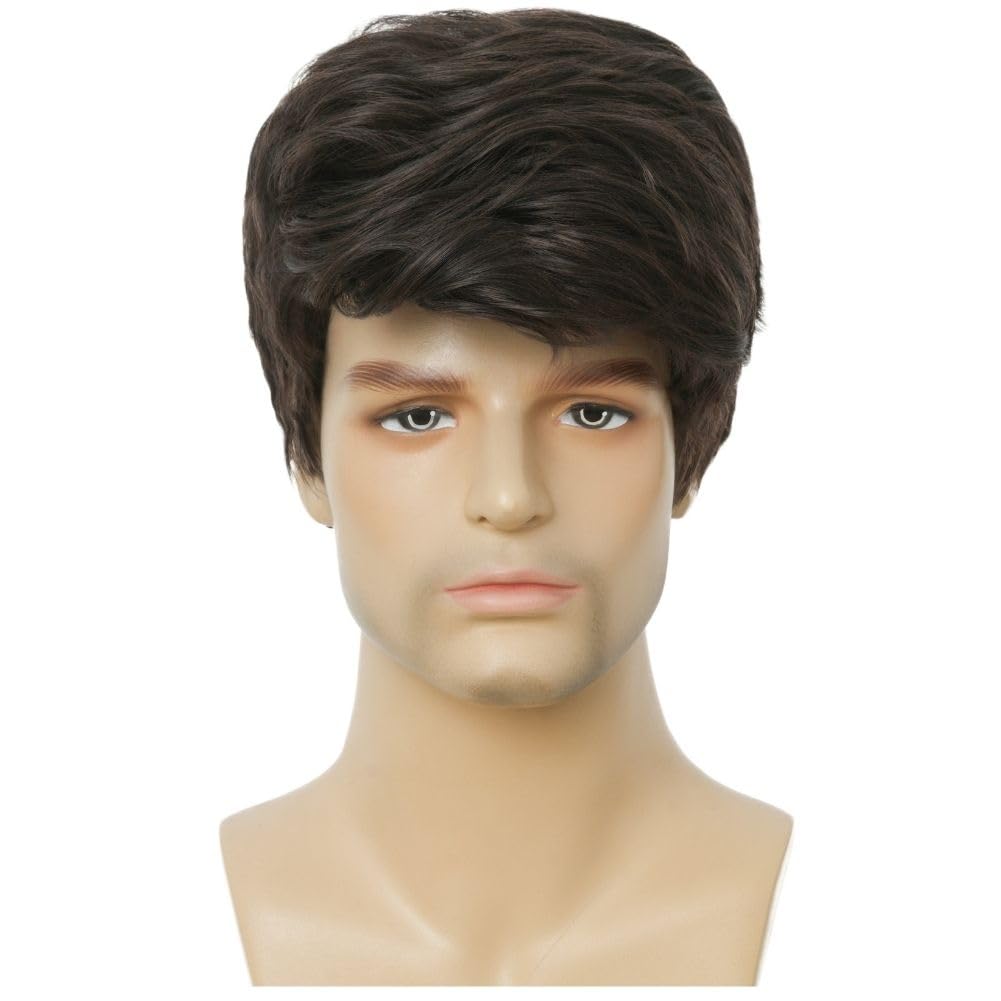 Amnenl Mens Brown Short Wig Layered Natural Wigs Side Part Male Hair Wig with Bangs for Daily Use