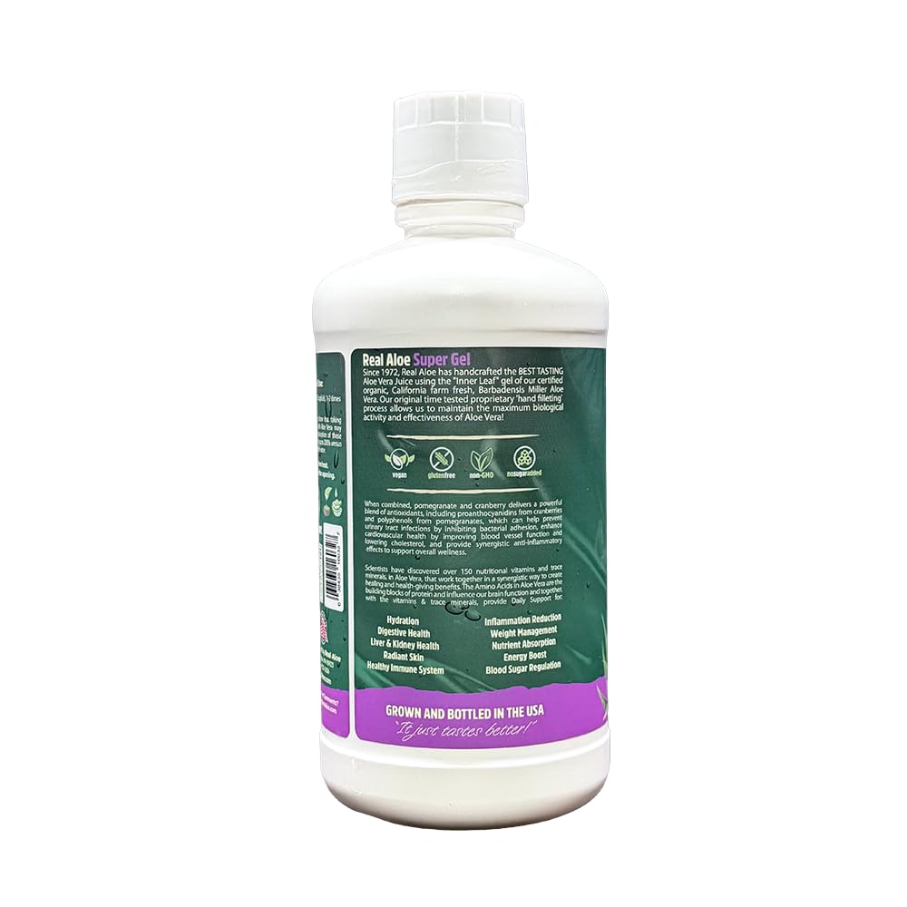 Real Aloe Super Gel Juice (32 fl oz) | Organic California-Grown Aloe Vera with Pomegranate & Cranberry | Aloin-Free Inner Leaf | Hydration & Antioxidant Support | Dietary Supplement | Made in USA