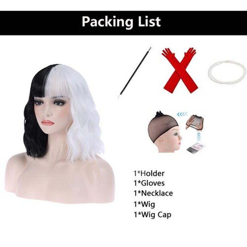 MAGQOO Half Black White Wig with Bangs Women Girls Short Curly Wavy Bob Wig Black White Hair Wigs Halloween Cosplay Costume Party Wig (Half Black White)