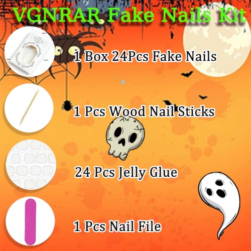 Halloween Press on Nails Medium Almond Fake Nails Horror Ghost Design Skull Mummy Bandage Full Cover Stick on Nail Black French Tip Glue on Nails Gothic Halloween Handmade Nails for Women 24Pcs
