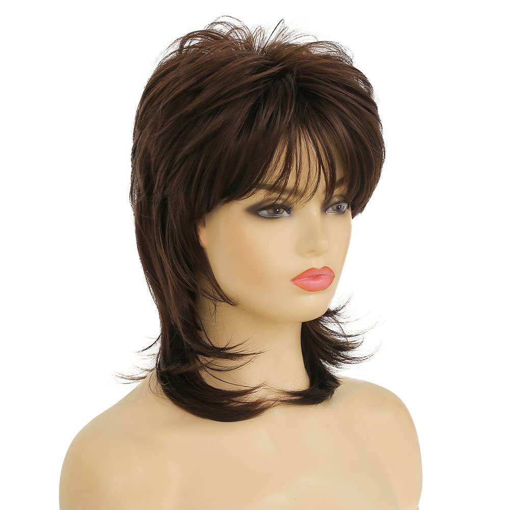 Dai Cloud Mullet Wig for Women Short Brown Curly Wigs 70s 80s Medium Length Fluffy Layered Heat Resistant Synthetic Hair for Cosplay Halloween Party Daily Use(Brown)